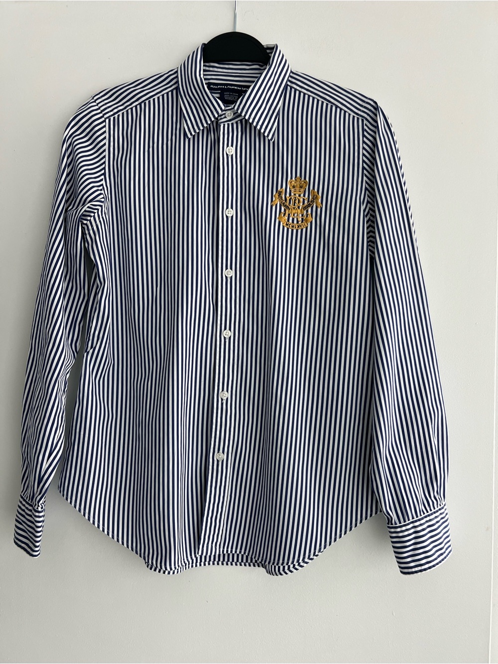 Ralph Lauren Sport Navy & White Striped Button-Down Shirt with Gold Crest